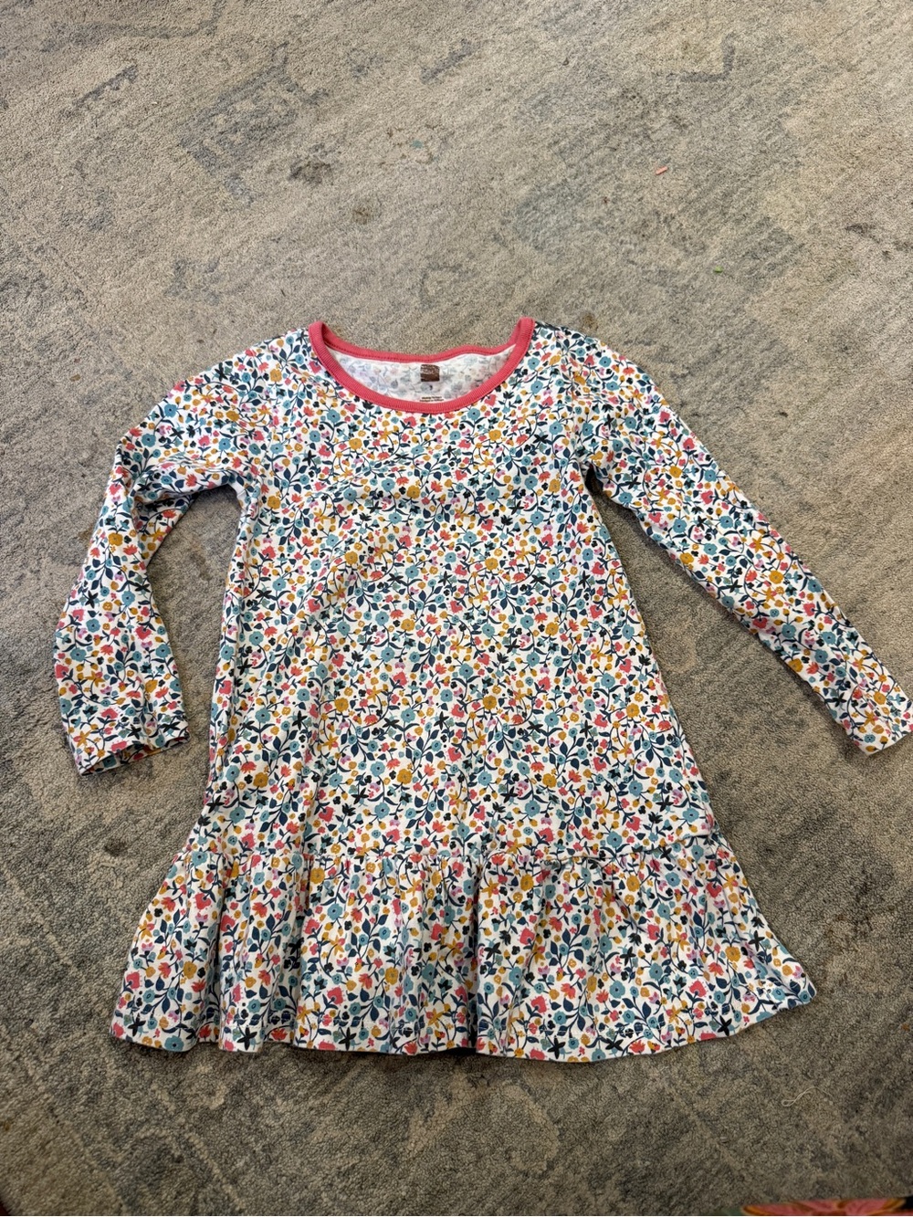 Tea Collection Multicolor Floral Long-Sleeve Dress with Pink Trim